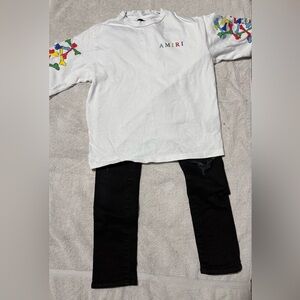 AMIRI White Long Sleeve Logo Tee with Multicolor Sleeve Graphics & Black Pants